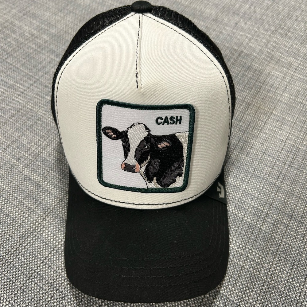 Goorin Bros Black and White Trucker Hat with Cow Patch